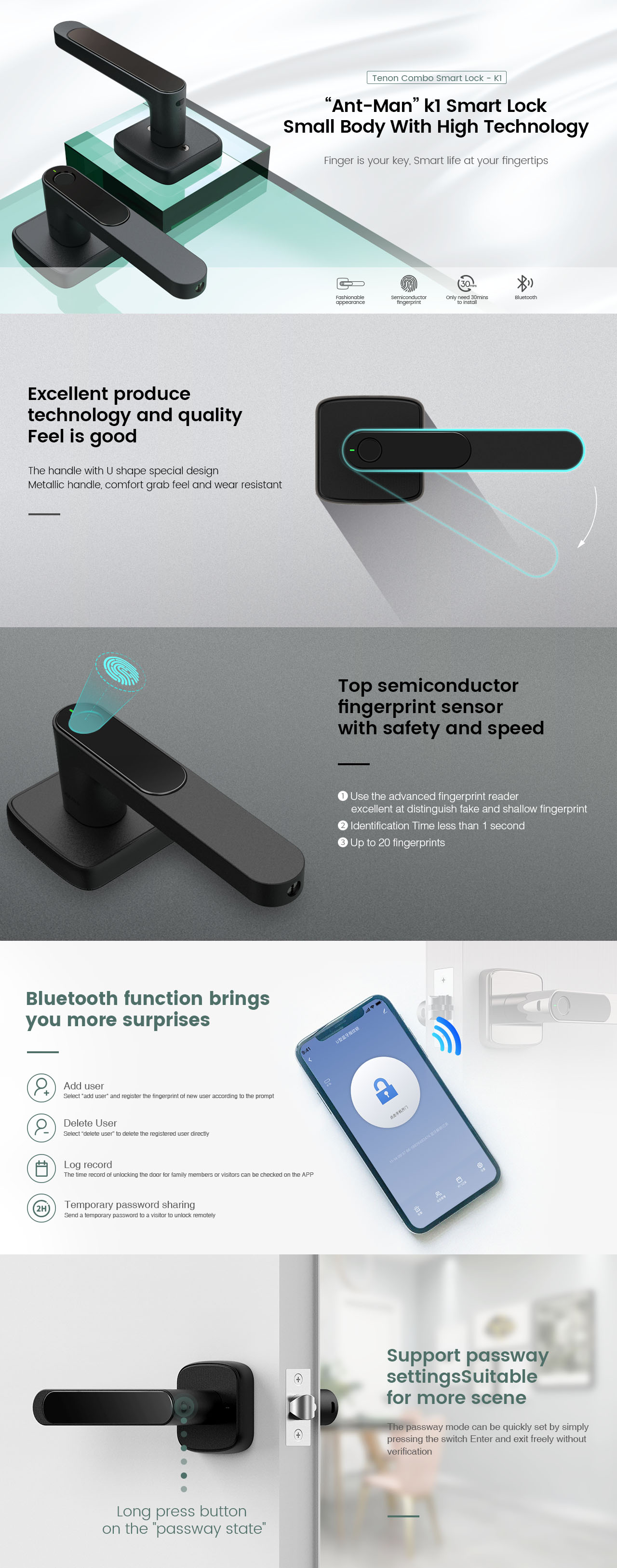 Details of Single Latch-Based Mini Smart Bluetooth Lever Lock For Interior Door