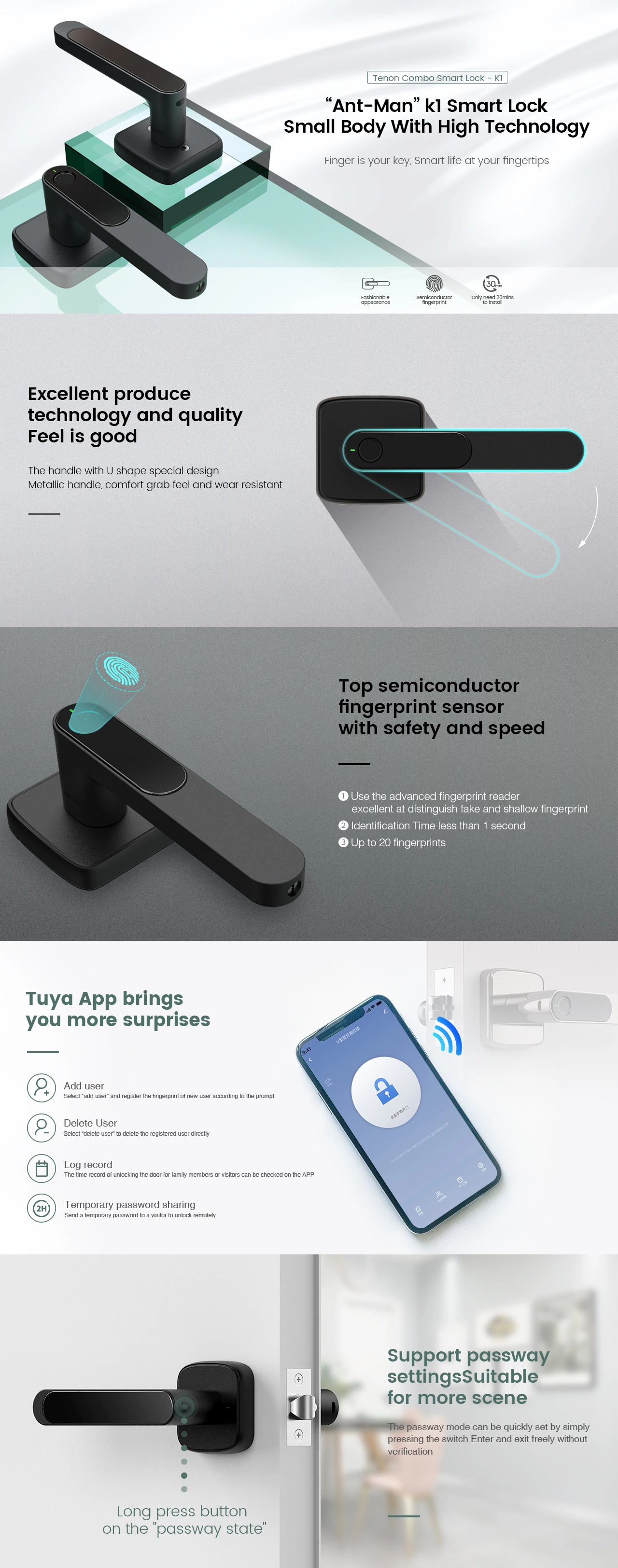 Details of Single Latch-Based Mini Smart Lever Lock For Interior Door